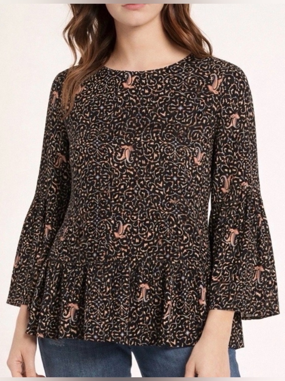 Madewell Fiesta Paisley Silk Bell Sleeve 3/4 Peplum Blouse Button Keyhole Back
